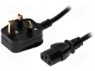 Cable; BS 1363 (G) plug, IEC C13 female; 2m; black; PVC; 3x0,75mm2